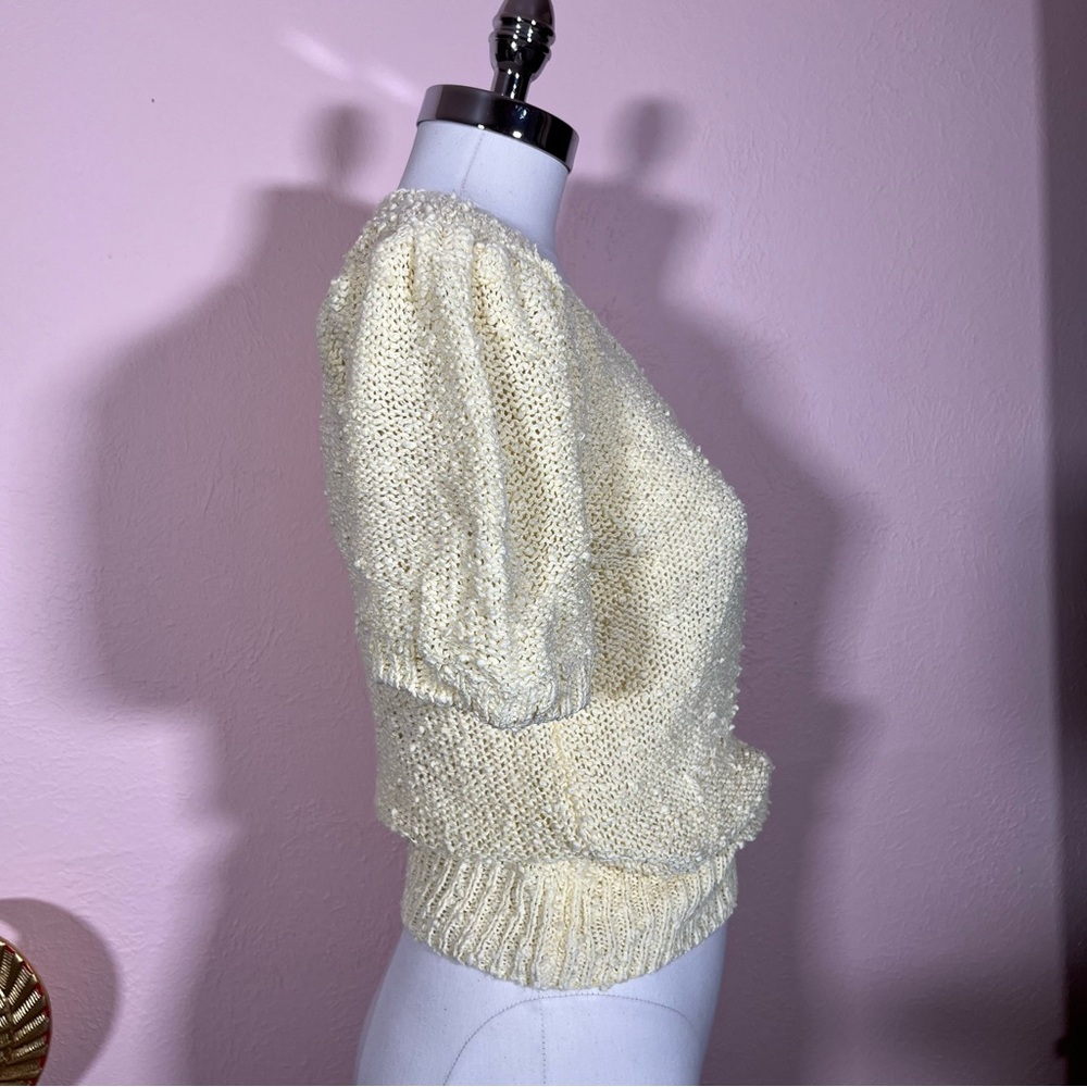 Vintage 70 80 Retro Pale Yellow Nubby Puff Sleeves Feminine Cropped Sweater - Picture 10 of 16